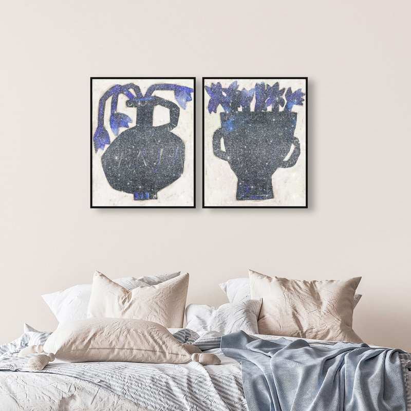 Indigo Vases Set Set by Oliver Gal, 74"H x 62"W, Black Floater Frame