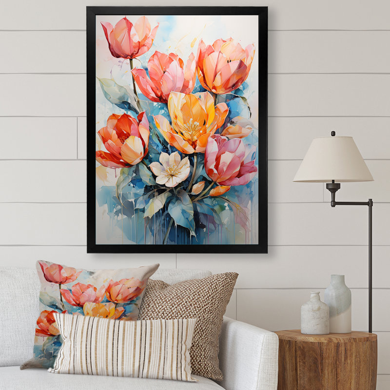 Tulipes peintes avec des tons vifs et un pinceau audacieux I, impression sur toile, Cadre simple noir