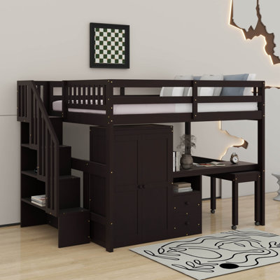 Lit mezzanine double avec escalier, bibliothèque, tiroirs, bureau et garde-robe - Mobilier multifonctionnel peu encombrant pour enfants et adolescents