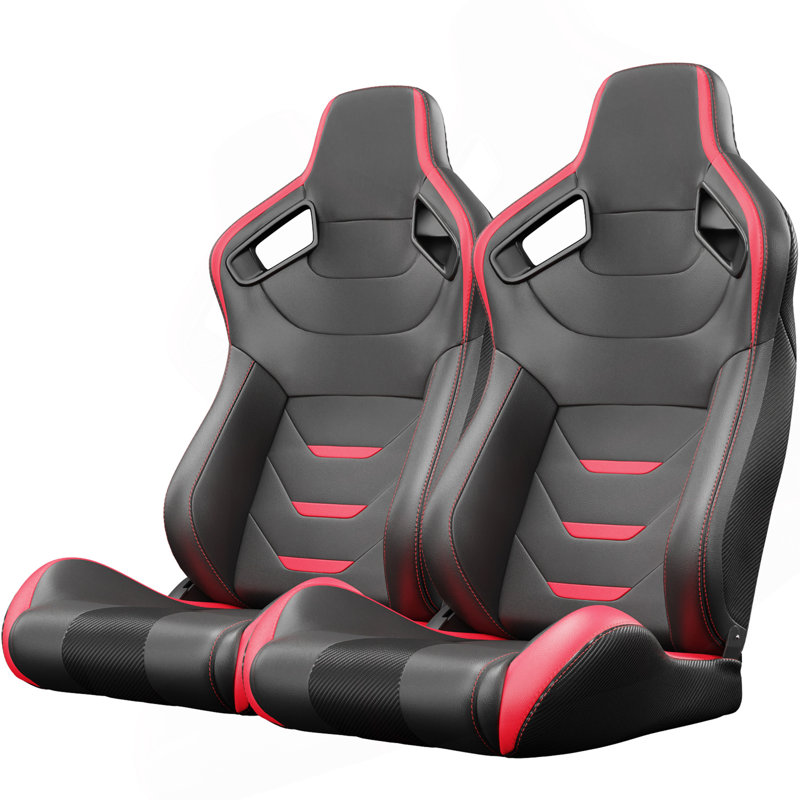 2 pièces Sièges de course universels à surpiqûres rouges en cuir PVC rouge avec dossier inclinable en carbone et glissière ajustable (sans support de siège) 1 boîte de 2 pièces