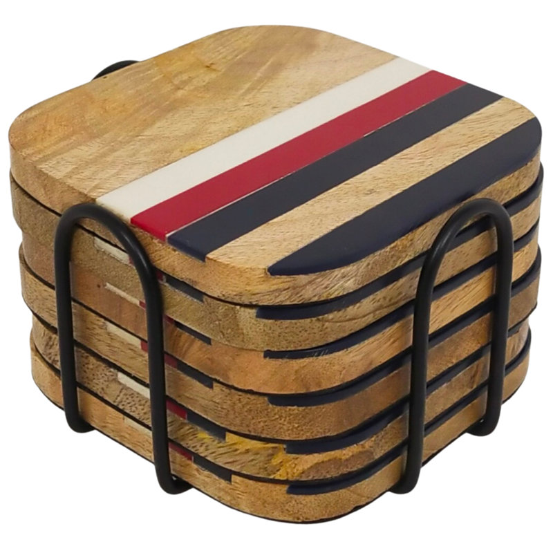 Ensemble de sous-verres géométriques en bois avec support, Brun, 3 bandes