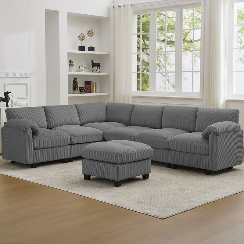 Canapé modulaire 7 places avec accoudoirs coussinés 7 places, H 31,9 po x l 113,8 po x P 26,8 po, Gris chenille
