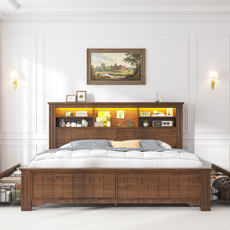 Queen Size Farmhouse Storage Bed Frame With Headboard & Led Light & Usb, 4 Drawers Under Bed, Built In Charging Station, No Noise, No Box Spring Neede
