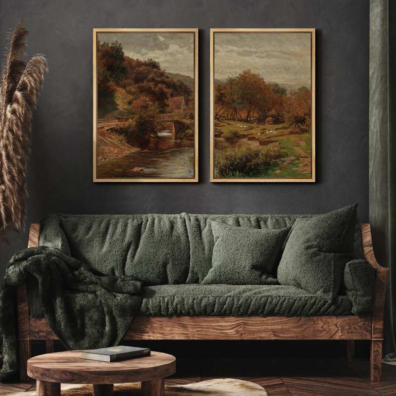 «Rustic Countryside & River Bridge Prints Pastoral Landscape Nature Wilderness Illustration Decor», 2 pièces, Encadré naturel