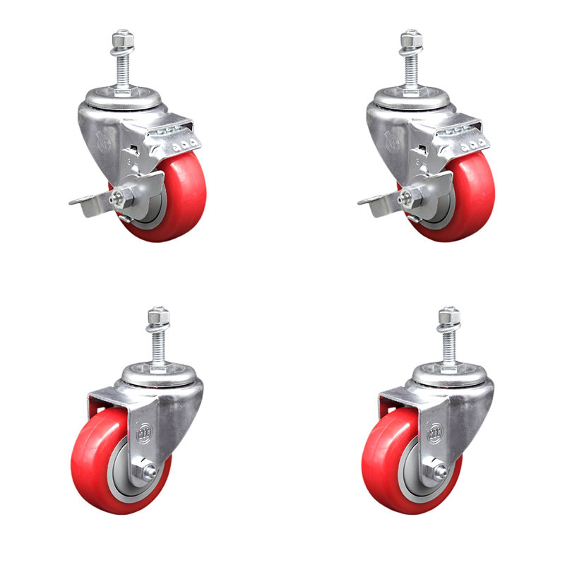 3.5 Inch_Polyurethane Swivel 10mm Threaded Stem Caster Set 2 Brake SCC