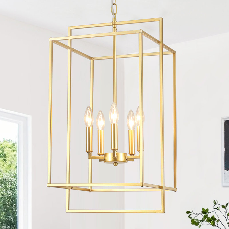 5 - Light Dimmable Lantern Square/Rectangle Chandelier, Gold
