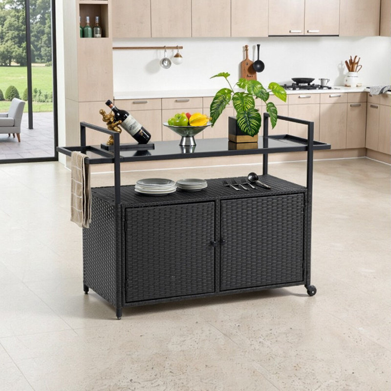 51.18" Outdoor Bar Cart (Wicker + Glass Top + Wheels)​, Black
