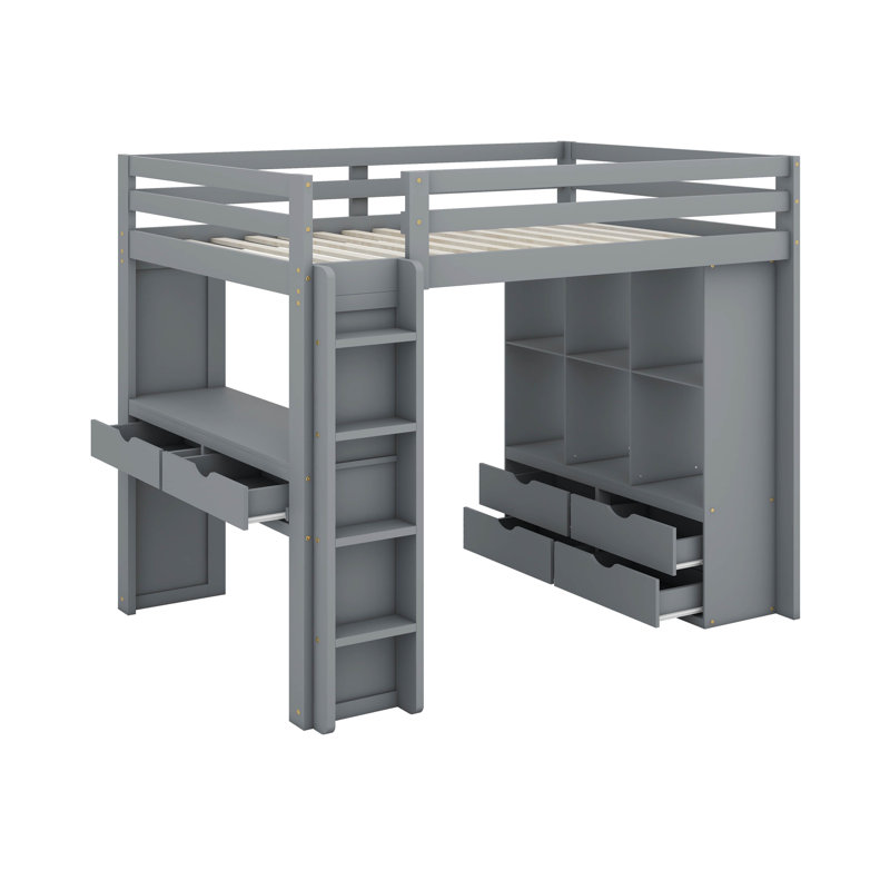 Lit mezzanine simple avec grandes tablettes, lumière DEL et bureau, Gris