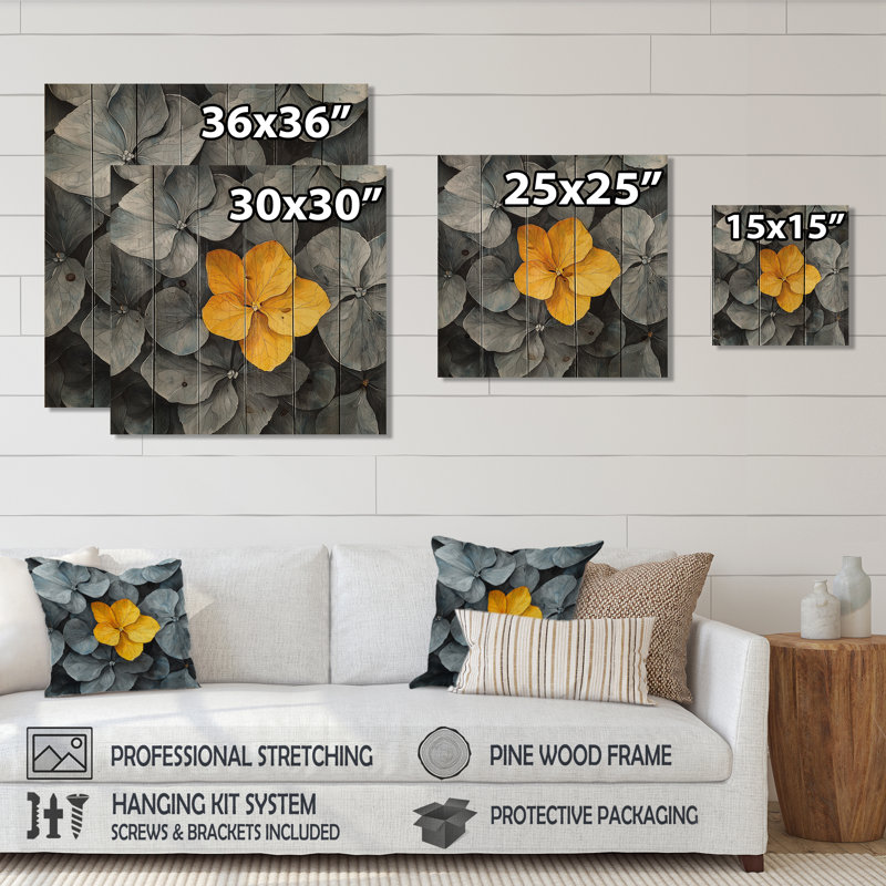 Pétales d'hortensias gris avec accent jaune II - décoration murale en bois d'hortensia - sur bois de pin naturel