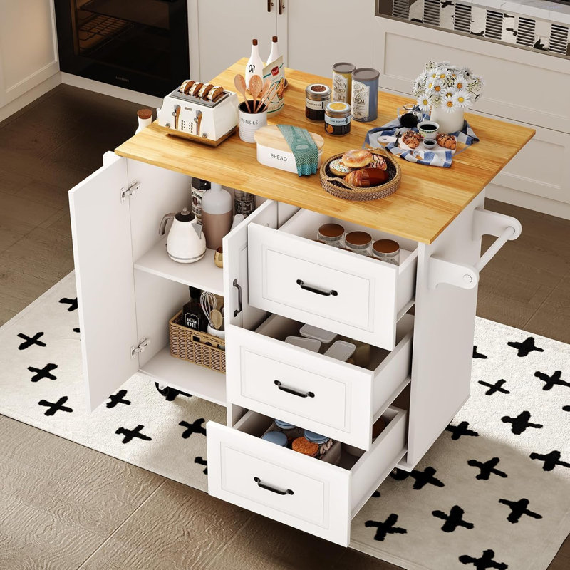 43" Rolling Kitchen Island with Storage and Drop Leaf
