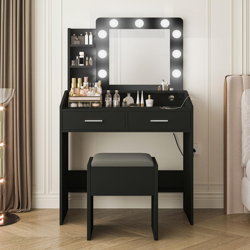 Bureau de coiffeuse rustique avec grand miroir à DEL - 2 tiroirs, prise de courant, tabouret rembourré, éclairage réglable, support pour sèche-cheveux
