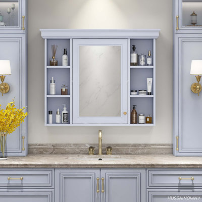 Modern Wall Mounted Bathroom Medicine Cabinet With Mirror Door & 6 Open Shelves