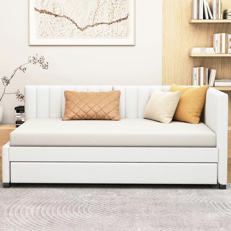 Lit de jour rembourré en lin beige avec lit gigogne simple, sans sommier tapissier