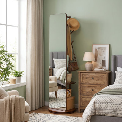 Miroir pleine grandeur 68,9 po en bois massif avec portemanteau et tablette de rangement, miroir autoportant pivotant pour la chambre à coucher, le vestibule ou le vestiaire - noyer