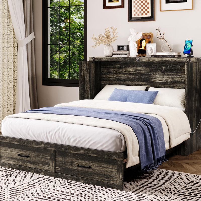Armoire de lit, grand lit avec station de charge, tiroir de rangement pliable multifonctionnel, station et lit d'armoire gris rustique, gris