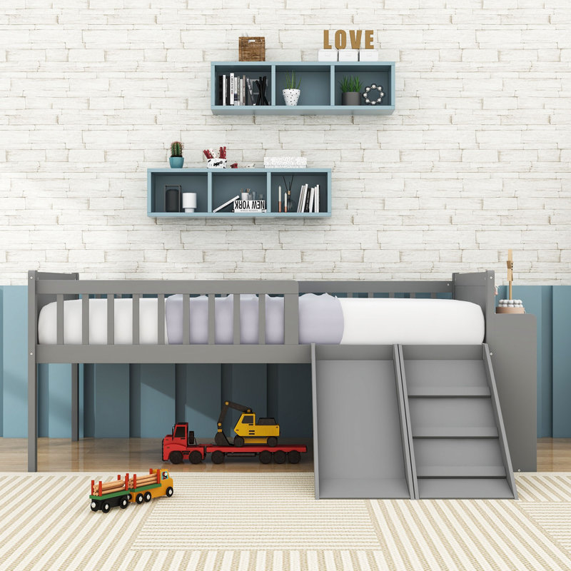Twin Wood Bed with Built-in Convenient Slide, Ladder, Shelves and Full-Length Guardrail, Gray