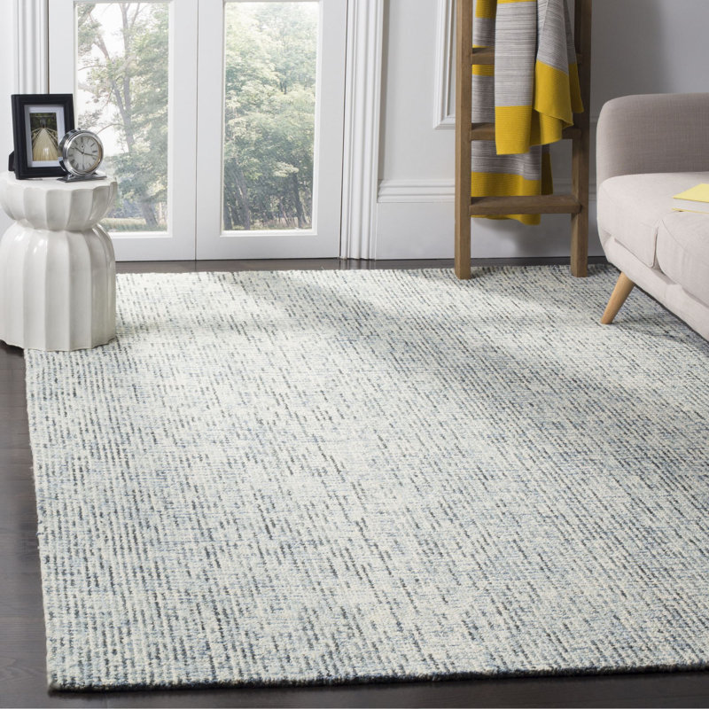 Tapis bleu / gris anthracite en laine touffeté à la main, Rectangle 4 pi x 6 pi