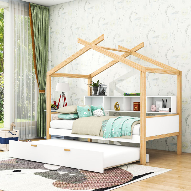 Lit simple en bois avec tablettes, lit gigogne simple et lattes