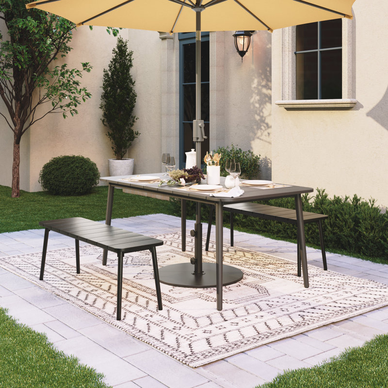 Ensemble de salle à manger de patio 3 pièces avec table rectangulaire de 65 po et 2 bancs (ensemble de 3)