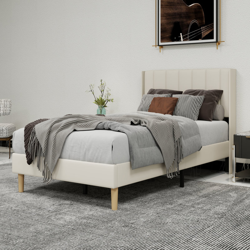 Upholstered Platform Bed With Headboard, Beige, Twin