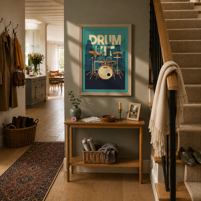 Urban Drum Kit Modern - Framed Print, A2 - 59.4 x 42.0 cm, Oak