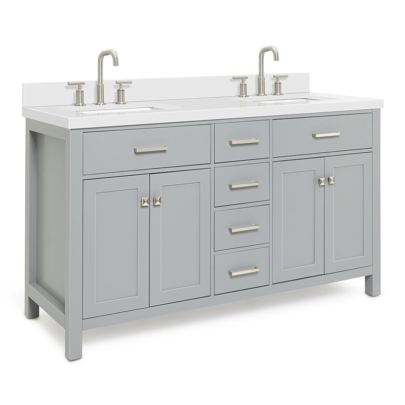 61'' Double Bathroom Vanity with White Quartz Top, Gray