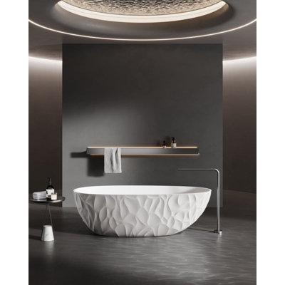 59" Freestanding Solid Surface Bathtub, White Finish, Geometric Textured Exterior