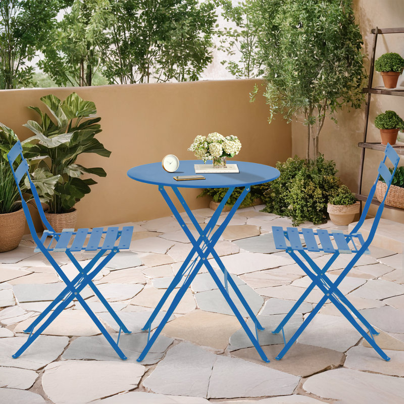 Anshu Iron Table And Folding Chair Set, 2 - Person Round Outdoor Dining Set, Peacock Blue