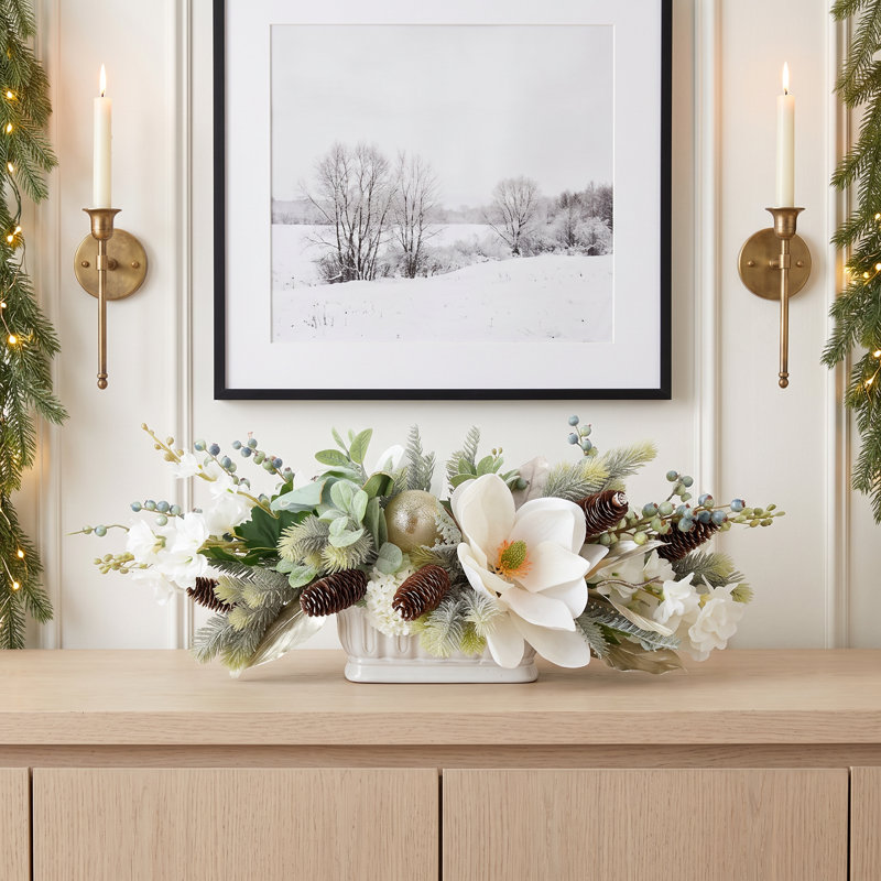 Holiday Centerpiece with Magnolia, Berries and Pinecones