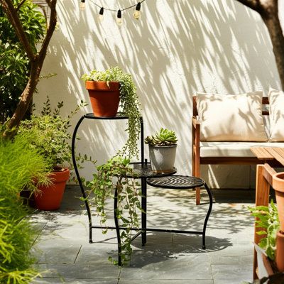 Folding 3-Tier Iron Plant Stand with Elegant Leaf Cutout Design for Indoor Living Spaces and Outdoor Garden Use – 22", Black