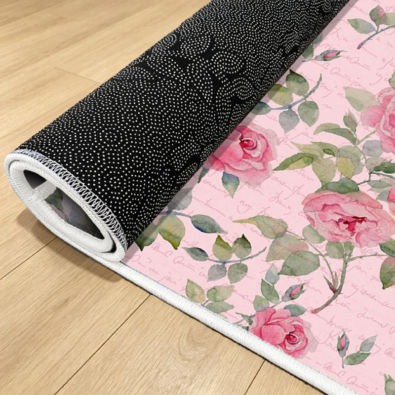 Pink Colorful Vintage Floral Ornament Rose Watercolor Seamless English Machine Washable Indoor Area Rug, Rectangle 39" x 63"