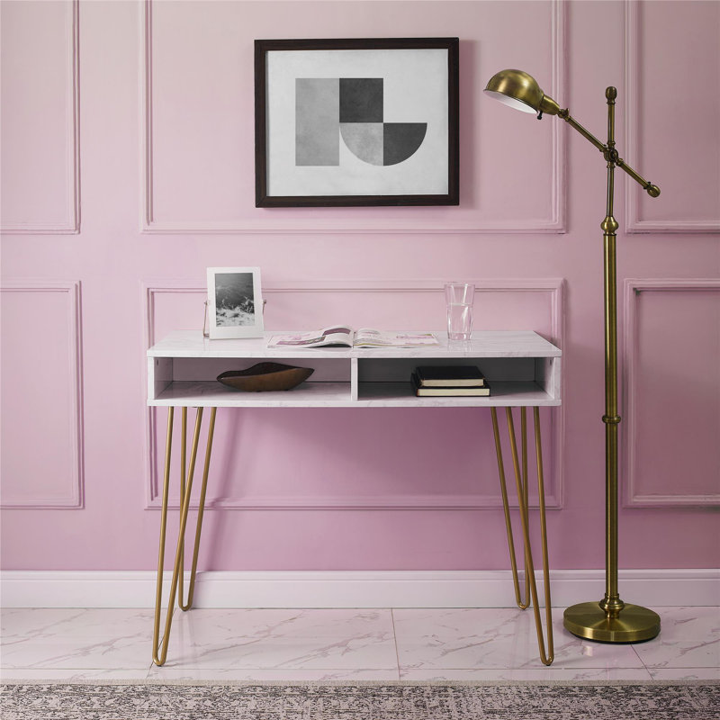 Emily Metal Base Writing Desk, White Marble/Gold