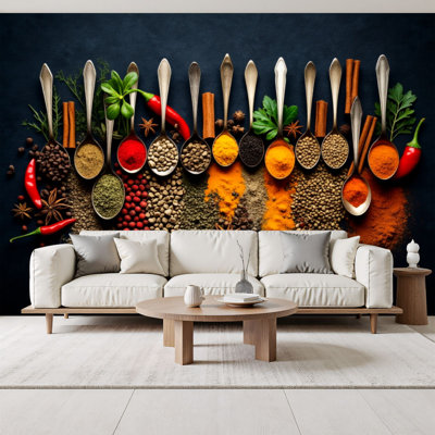Peel and Stick Wallpaper Colorful Spice Collection Wooden Spoons Dark Restaurant Supermarket Wall Murals 69"H x 96"W Removable PVC Wall Paper Self-Adhesive Wall Decor for Bedroom Living Room Home Office