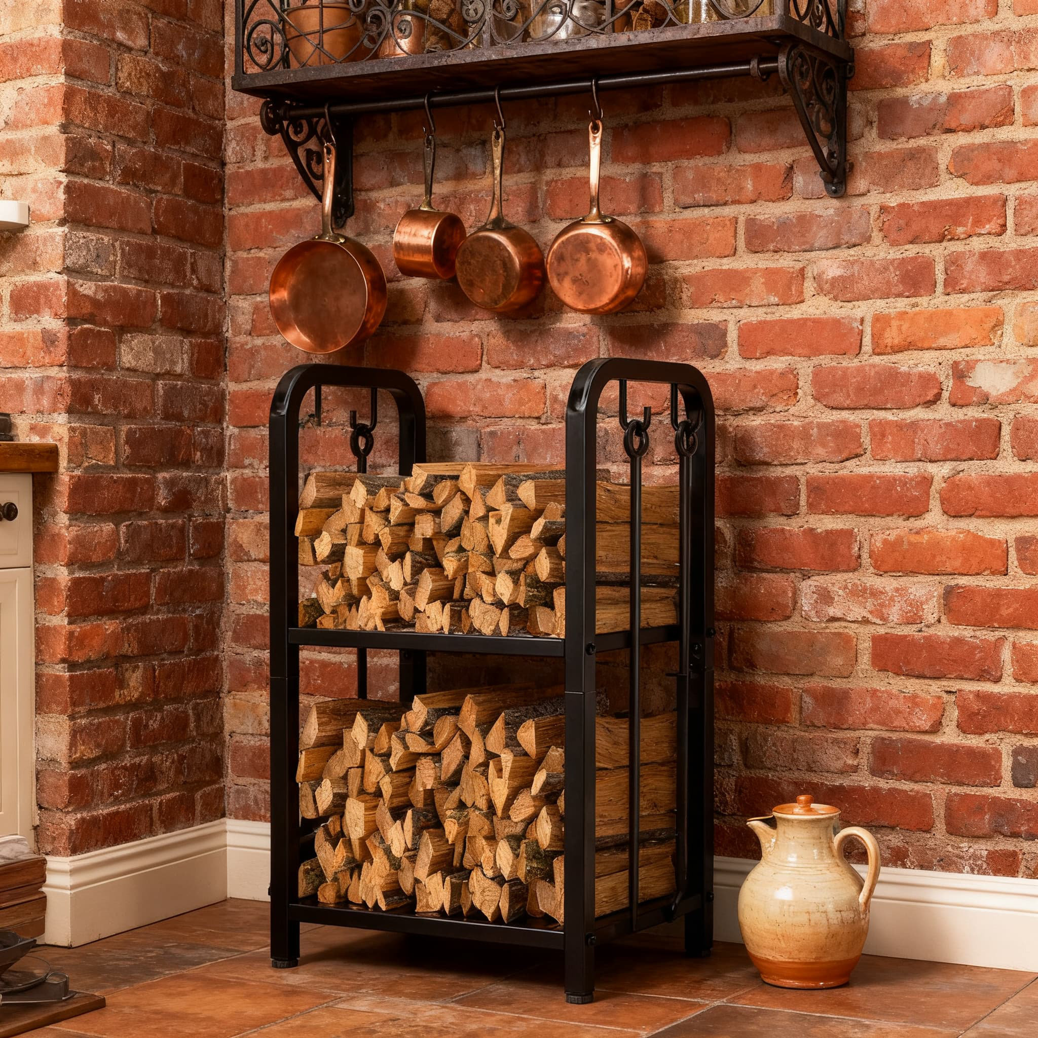 Tier Log Rack 17 Stories 2-Tier Firewood Rack With Fireplace Tools Set, Heavy Duty ...