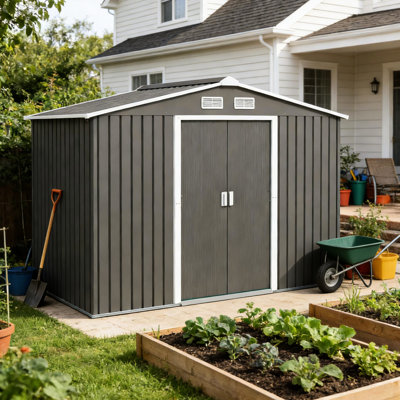 Grande remise extérieure pour articles de jardin et de piscine, acier galvanisé gris, portes verrouillables, toit incliné, bon matériel de ventilation nécessaire
