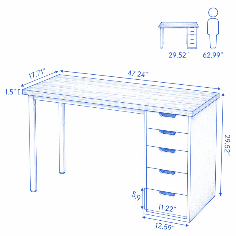 Bureau d'ordinateur de 47 pouces avec 5 tiroirs, Noyer et blanc
