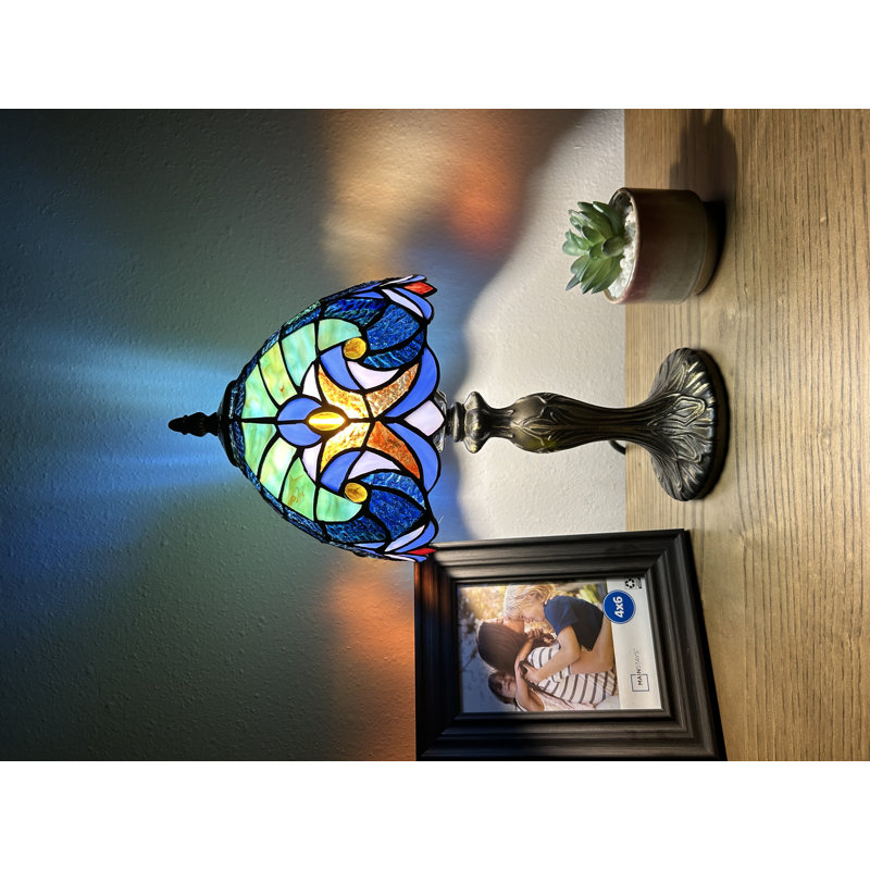 Navasart Tiffany Table Lamp Stained Glass Liaison  LED Bulb Included 8"W*8"D*15"H, Blue