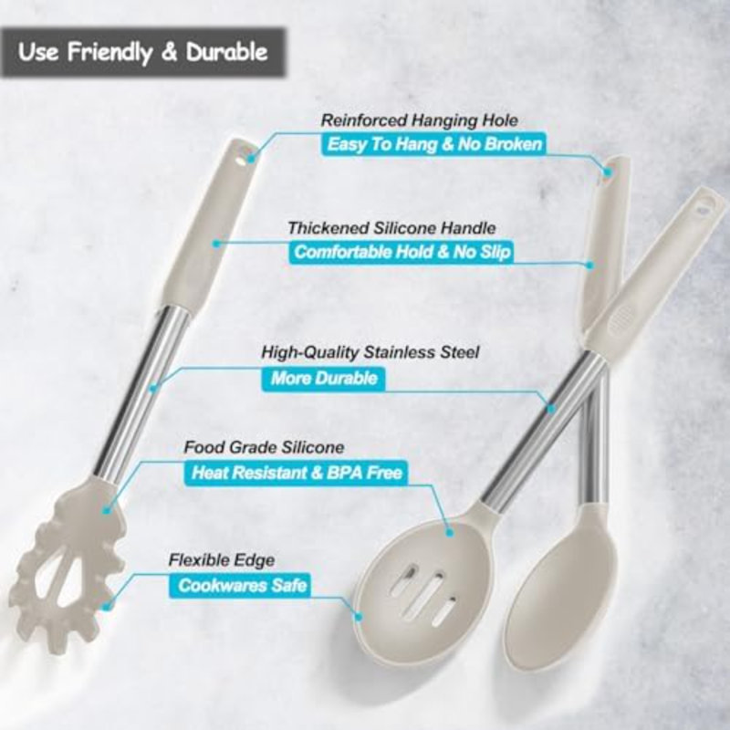 Spatules et cuillères de cuisine en silicone, ensemble de 5 ustensiles antiadhésifs pour la cuisine, cuillères et spatules pleines et ajourées résistantes à la chaleur, manche en acier inoxydable recouvert de silicone, kaki