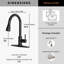 Robinet de cuisine rétractable noir mat avec douchette | Poignée simple en acier inoxydable à arc élevé, installation à 1/3 trou avec plaque de pont pour lavabo