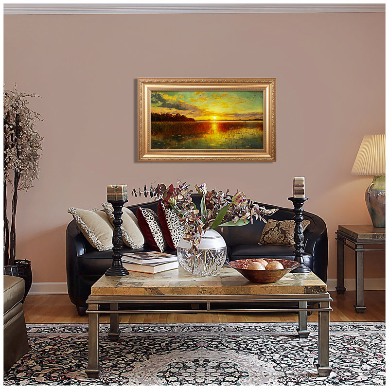Sunset Over Danish Fjord Gold Framed Canvas Art 36x22
