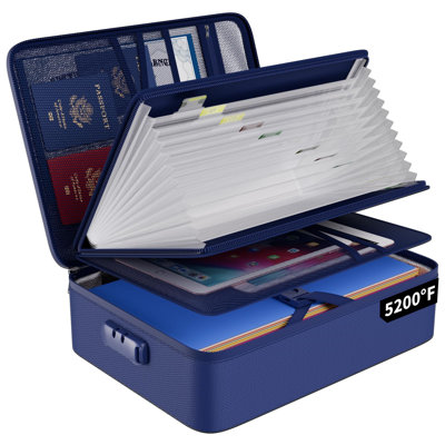 5200℉ Fireproof File Organizer Bag With 13 Pocket Accordion File Folder,Document Organizer Box With Lock&Labels,Multi-Layer Portable Home Travel Safe Storage Box For Important Documents,Blue
