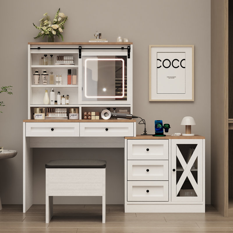 Modern with LED Lighted Mirror and Built-in 3-mode Lighting 3 Drawer Dresser with Stool and Side Cabinet