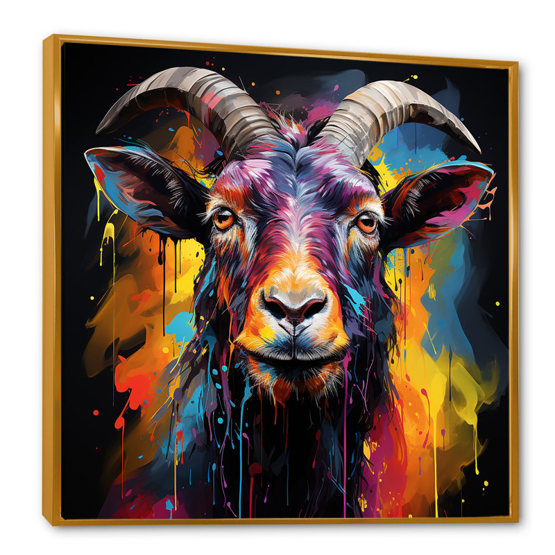 Popart, chèvre regardant fixement - Chèvre, art mural, Cadre flottant doré, 16" H x 16" W