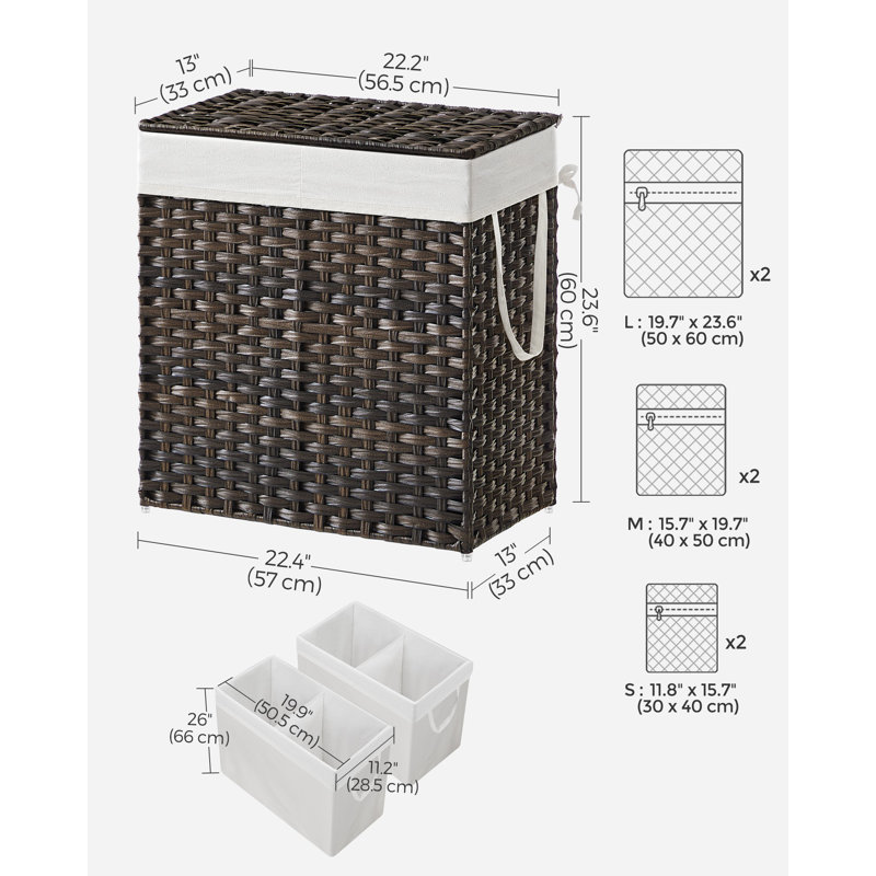 110l Clothes Hamper With 2 Removable Liner Bags, Brown