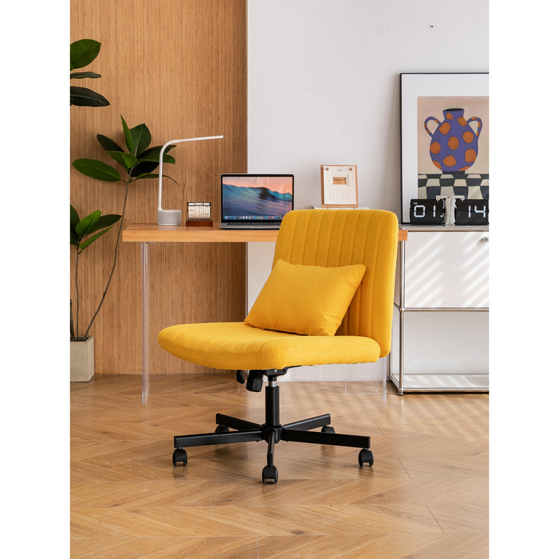 Fauteuil de bureau en lin jaune avec style croisé et roulettes, idéal pour le bureau à domicile, le maquillage, offrant un coussin confortable et réglable