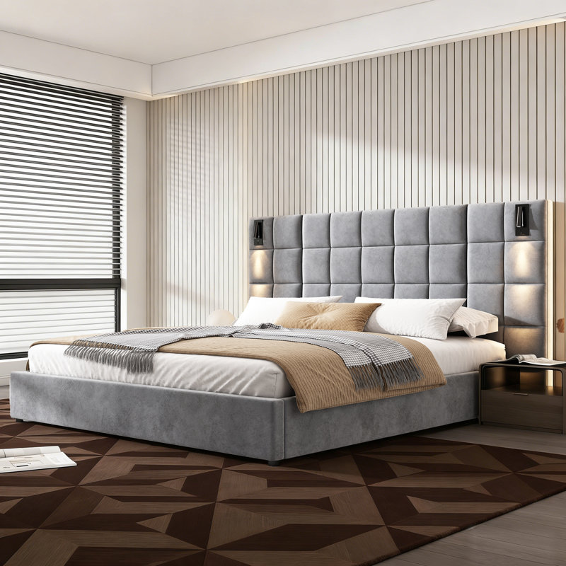 Upholstered Bed Frame with Reading Lights and Usb Charging, Velvet Platform Bed with Tufted Headboard, Gray, California King