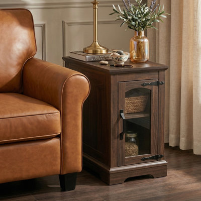 Farmhouse End Table with Charging Station Bed Side Table with Storage and Glass Door