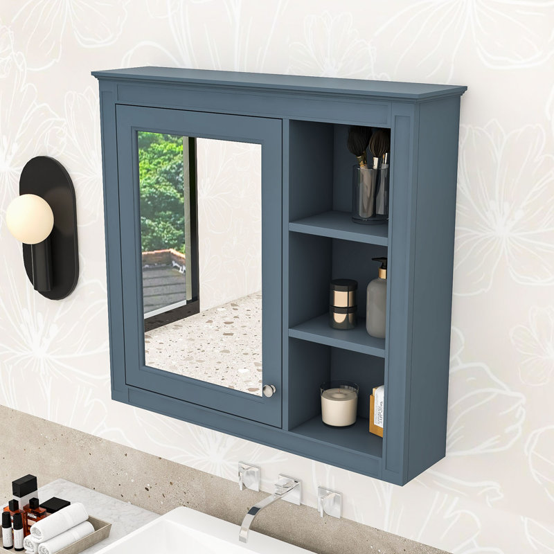 Elegant Wall-Mounted Mirror Medicine Cabinet with Shelves, Blue, 28"H x 29"W x 7"D