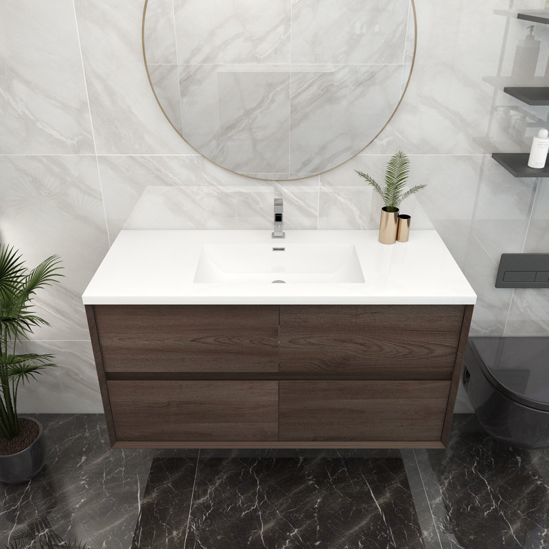 48" Wall-Mounted Single Sink Bathroom Vanity, Red Oak