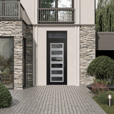 C9 à gauche 36 po X 96 po Panneau d'entrée en verre argenté noir et noir à panneau avec porte d'entrée avant en verre à miroir